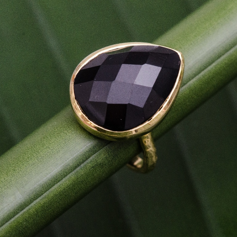 Black Onyx, sterling silver + 14k gold ring